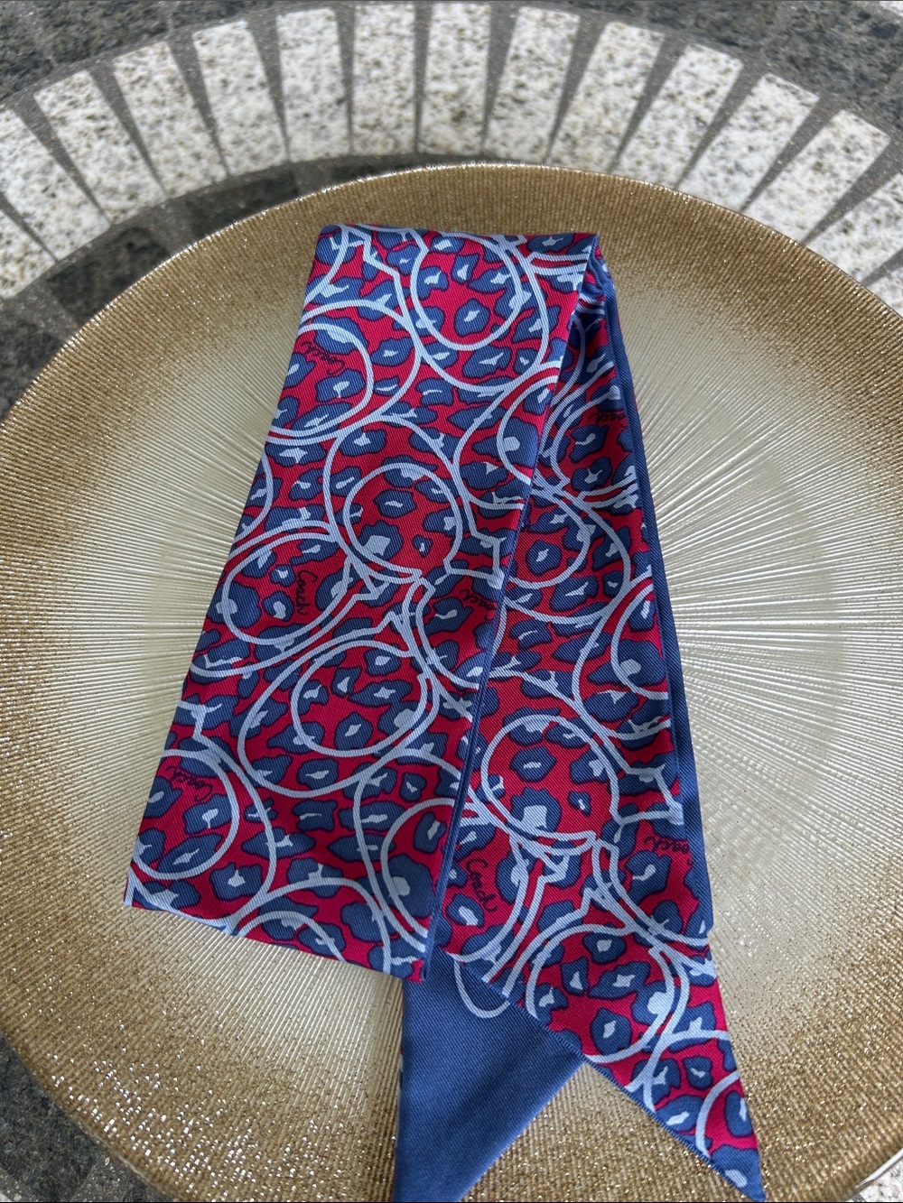 Coach Blue and Fuchsia Circular Print Silk Pony Twilly Scarf